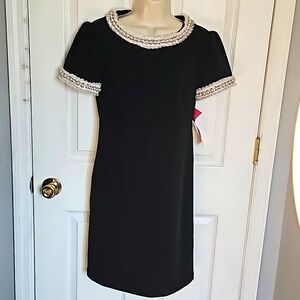 NWT Betsey Johnson Black Scuba Crepe Pearl Jewel Trim Short Sleeve Dress